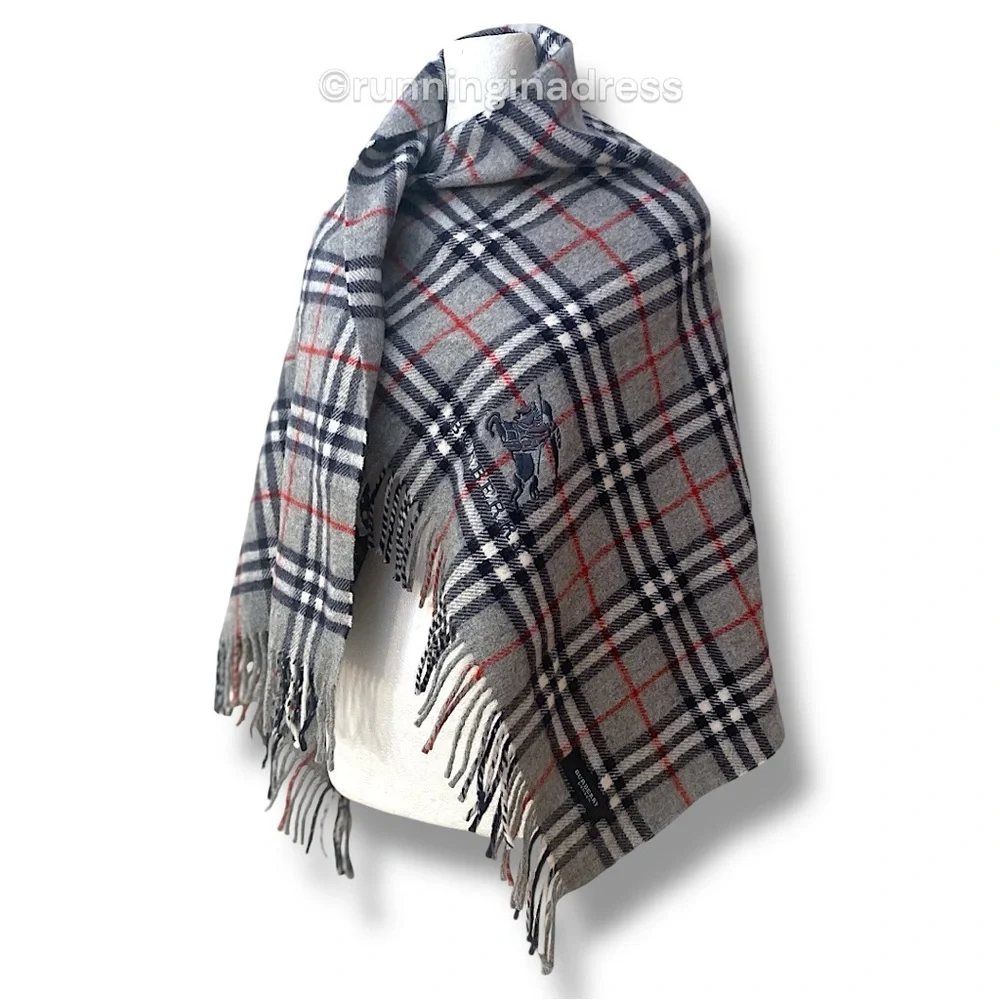 Vintage Burberry Nova Check Blanket Scarf Equestrian Knight Logo Grey Navy Blue